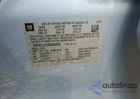 2015 Chevrolet Equinox L из США, поврежденный, VIN 2GNALLEK0F6303200